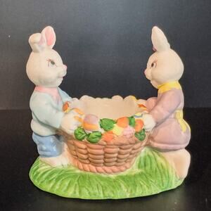 Vintage Bunny Girl & Boy Carrying Basket of Eggs, Planter or Egg Display, Easter